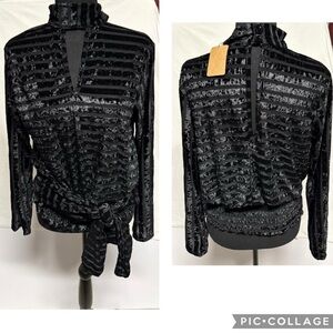 Black velvet and sheer striped tie front (or back ) top a touch of glamour